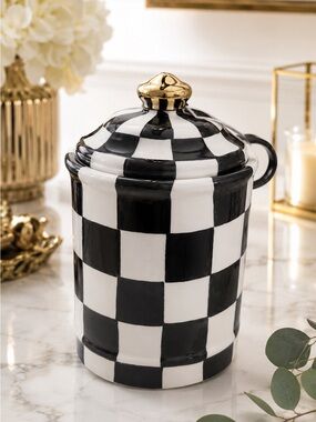 Black & White Checker Ceramic Canister with Gold Knob 9 hight